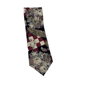 Portofino 100% Silk Tie Floral Paisley Geometric Red Navy Vintage Neckwear